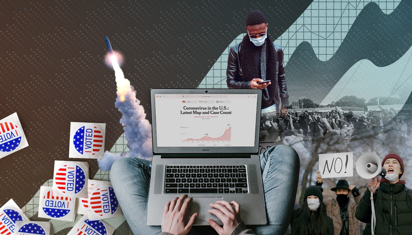 Image Collage of events in 2020 - Maked man on phone, missile launch, voting stickers, and protests