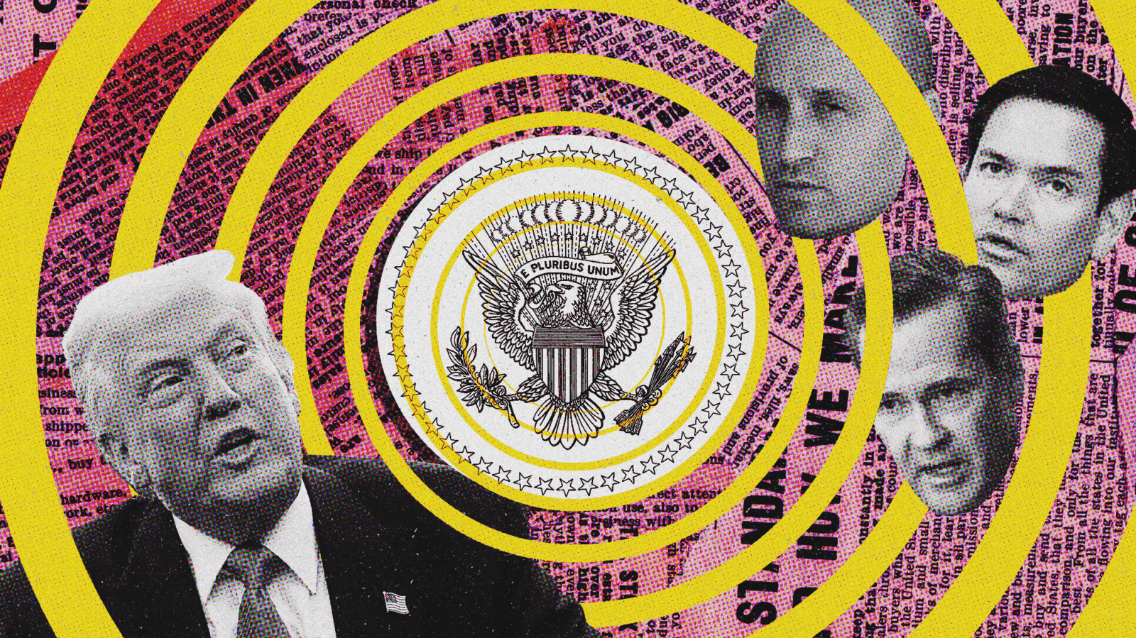 Pop-art collage featuring Donald Trump, Stephen Miller, Marco Rubio, and Michael Waltz with the US presidential seal