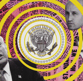 Pop-art collage featuring Donald Trump, Stephen Miller, Marco Rubio, and Michael Waltz with the US presidential seal