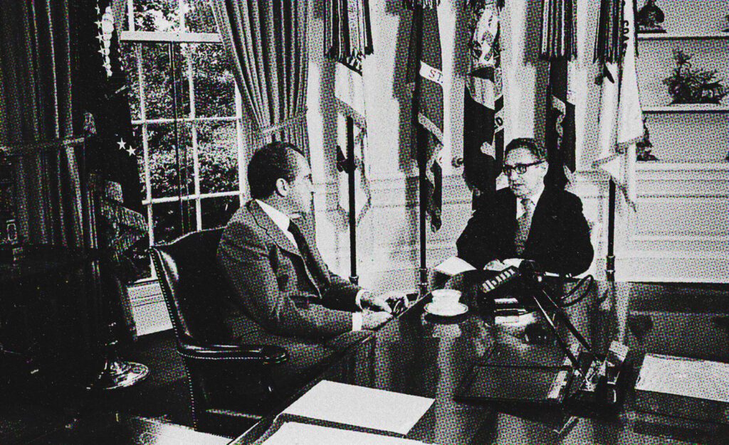 Richard Nixon in the Oval Office with his national security adviser, Henry Kissinger.