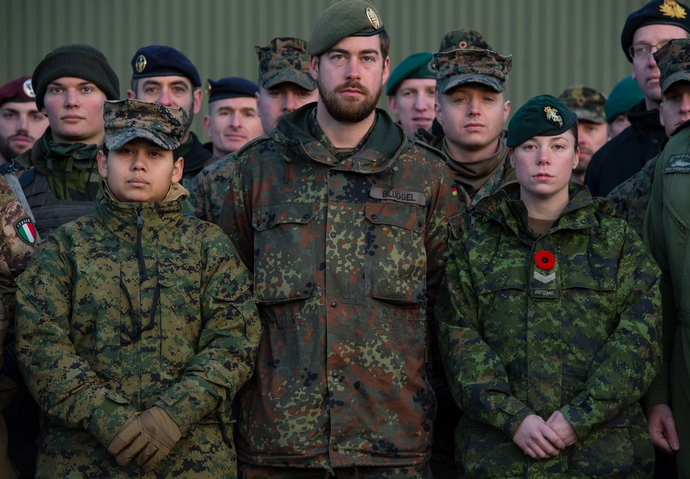 Group of multinational NATO soldiers in camouflage uniforms representing allied military cooperation and international security